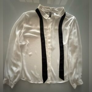 H&M Divided White Sheer Button Down Long Sleeve Blouse Black Tie Size US 18